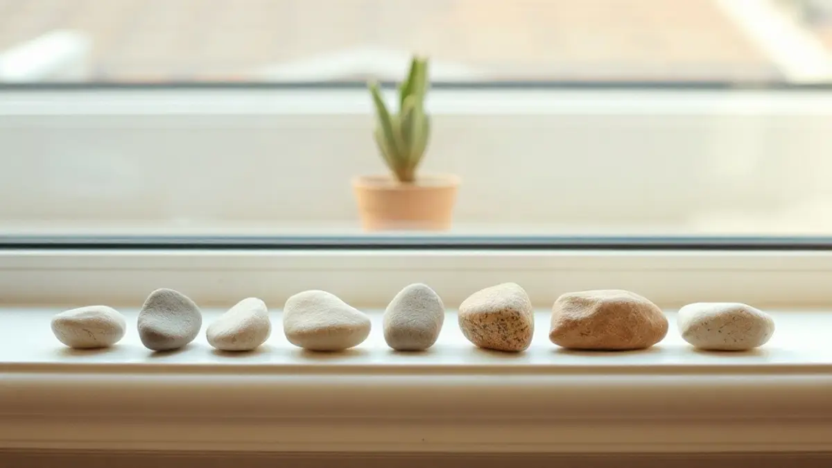 row of seven smooth pebbles arranged on a pale windowsill — illustration for 7-Day Inner Child Reset